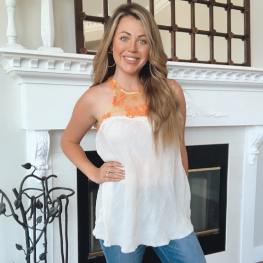 Free People Orange Lace Crepe High Neck Asymmetrical Tank - Picture 3 of 9